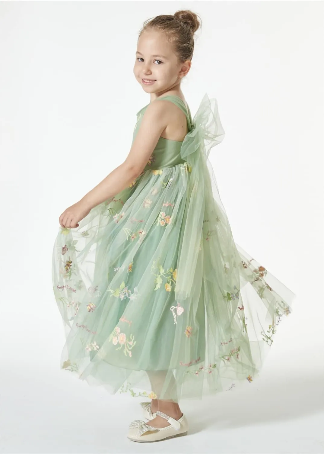 Floral Embroidered Tulle Strap Girl Dress in Sage