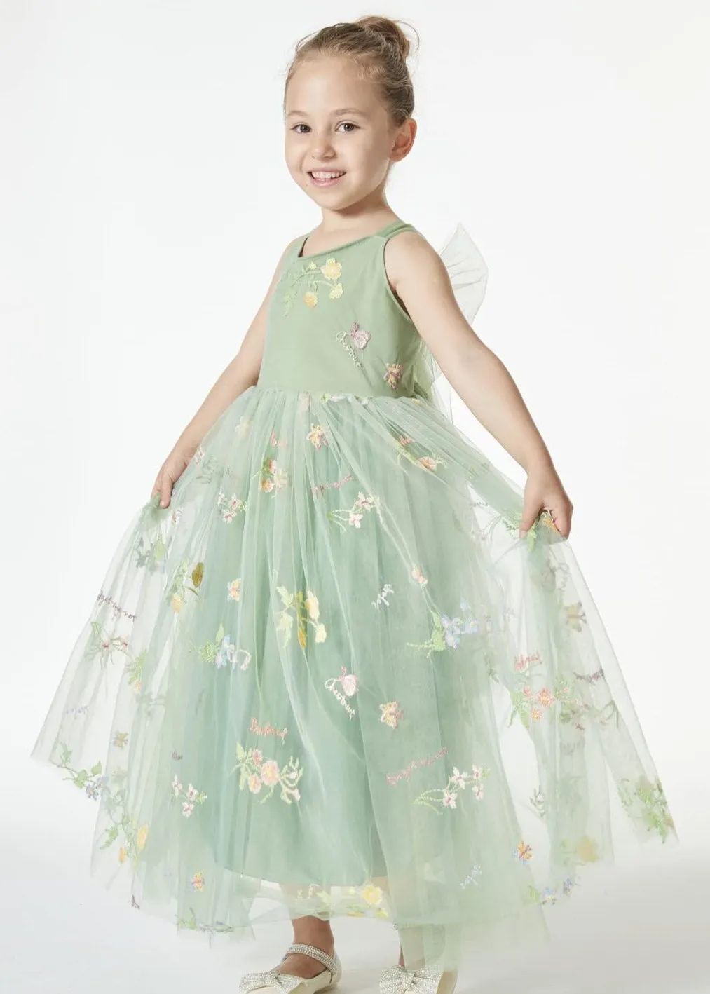 Floral Embroidered Tulle Strap Girl Dress in Sage