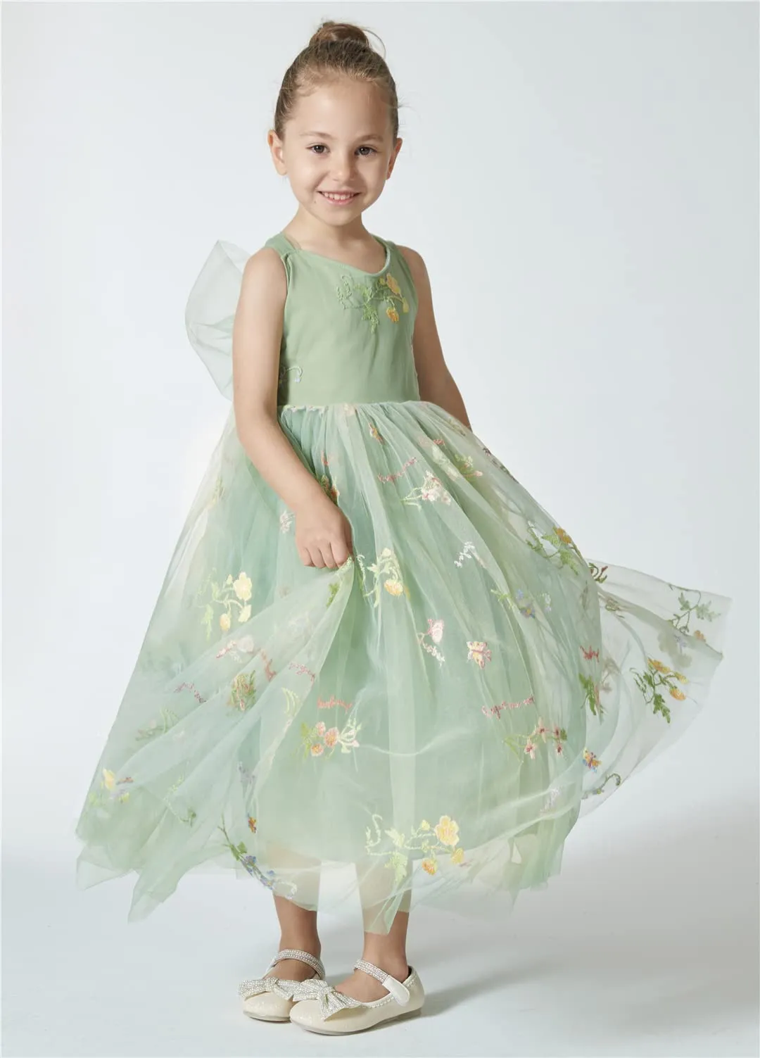 Floral Embroidered Tulle Strap Girl Dress in Sage