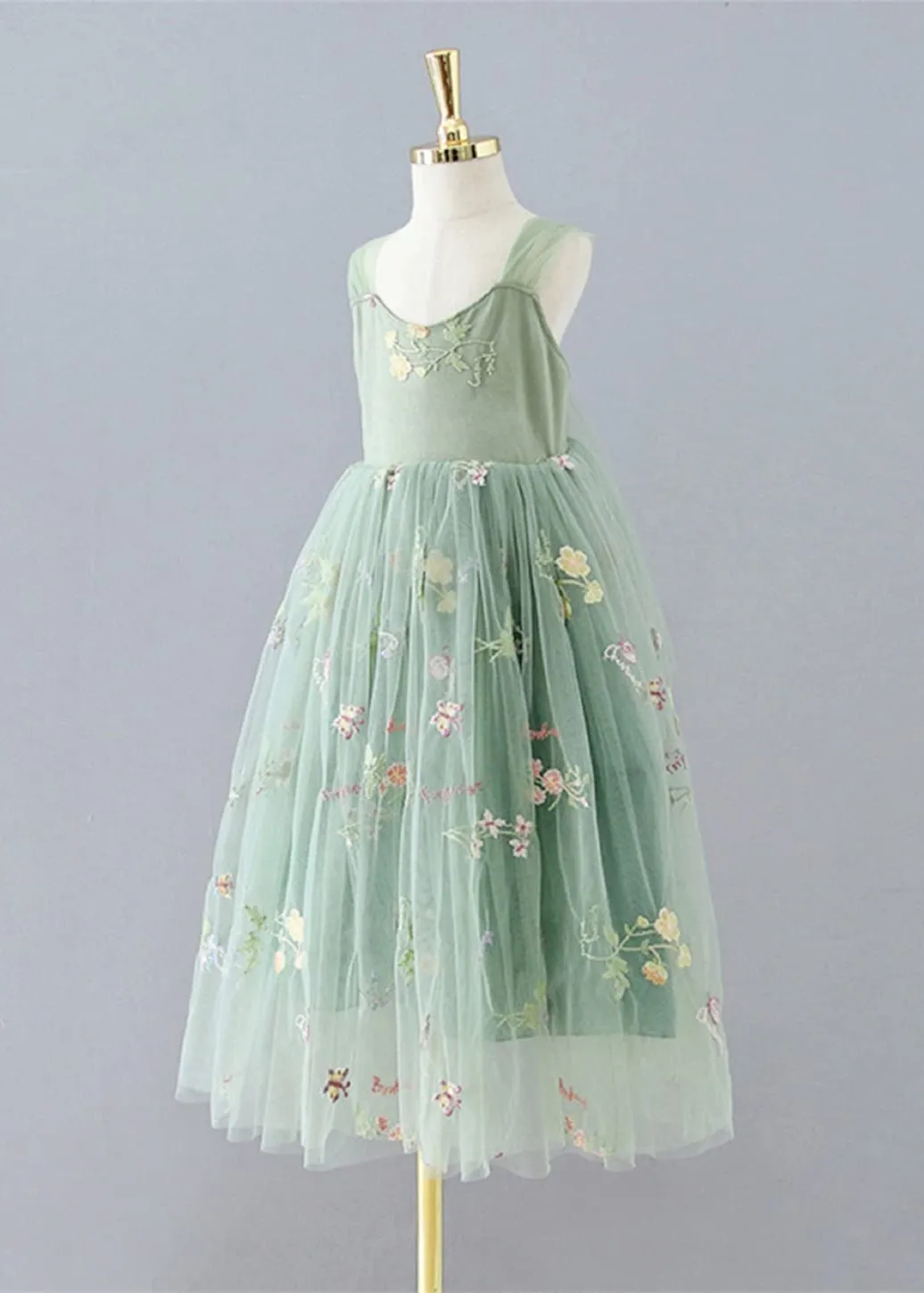 Floral Embroidered Tulle Strap Girl Dress in Sage