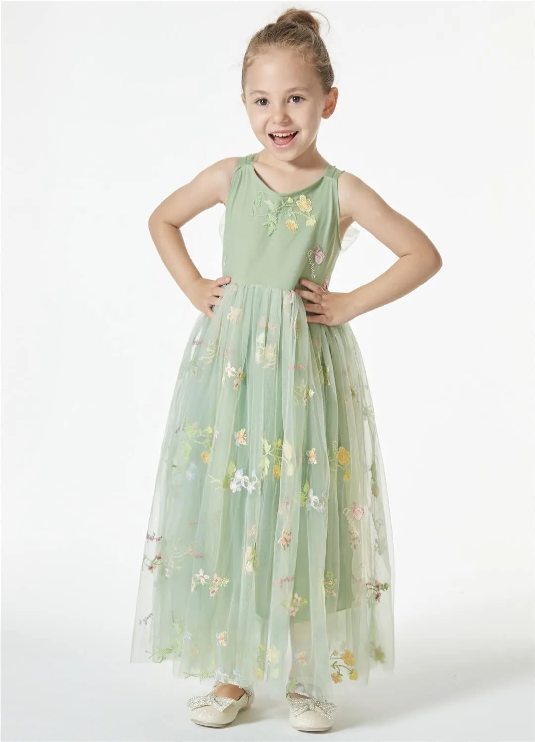 Floral Embroidered Tulle Strap Girl Dress in Sage
