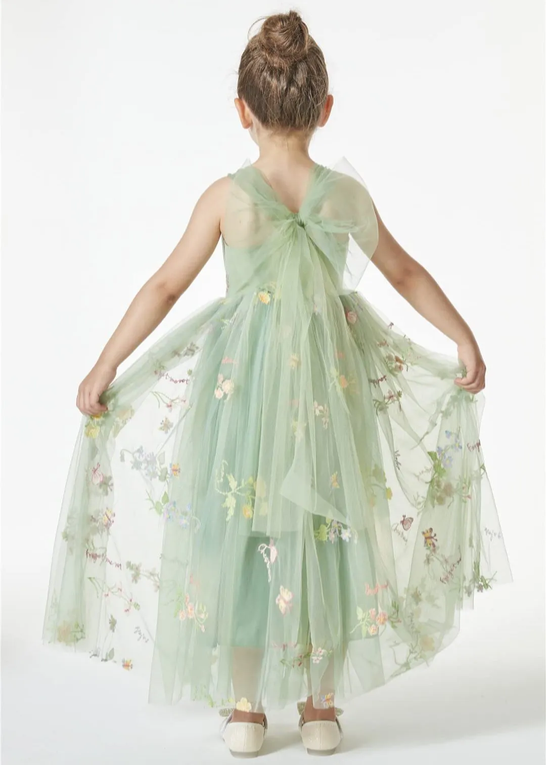 Floral Embroidered Tulle Strap Girl Dress in Sage