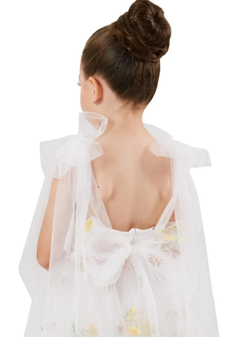Floral Embroidered Tulle Strap Girl Dress in White Knee