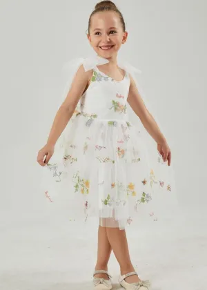 Floral Embroidered Tulle Strap Girl Dress in White Knee