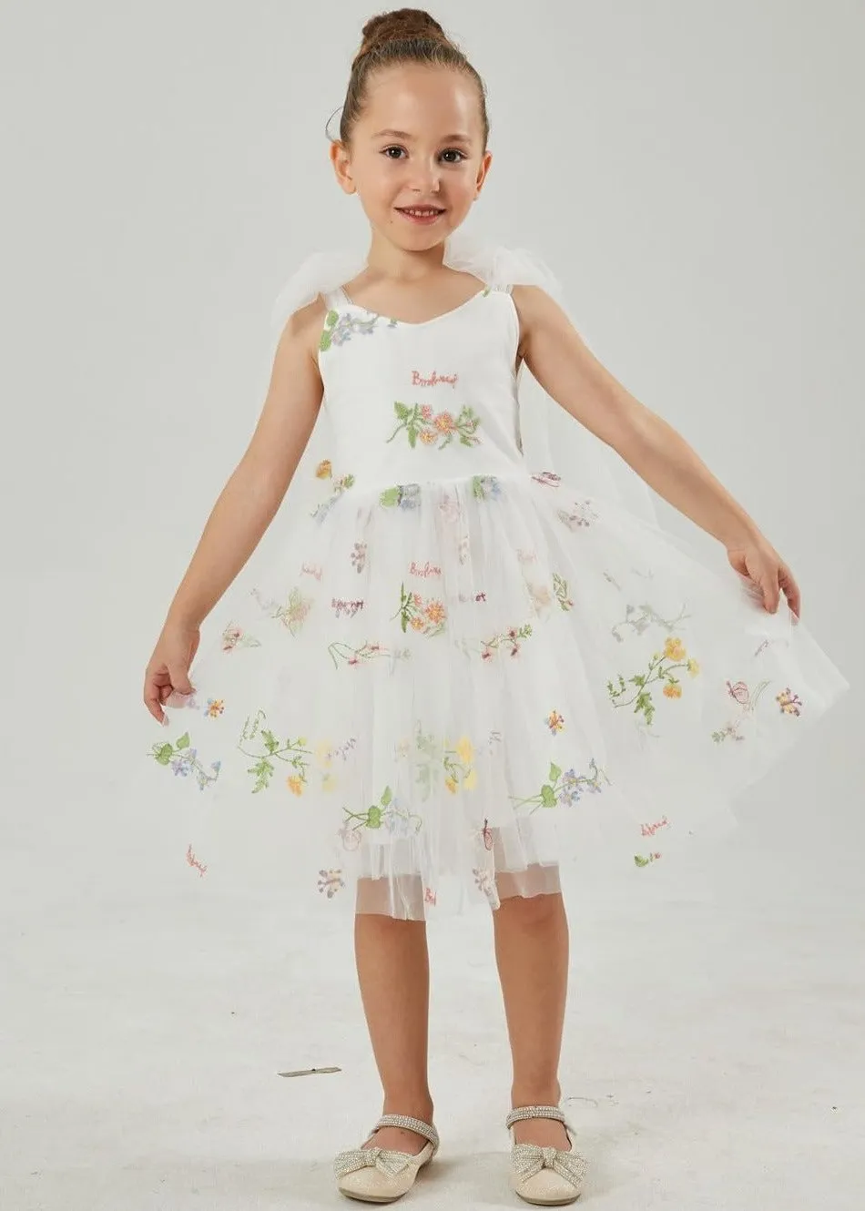 Floral Embroidered Tulle Strap Girl Dress in White Knee