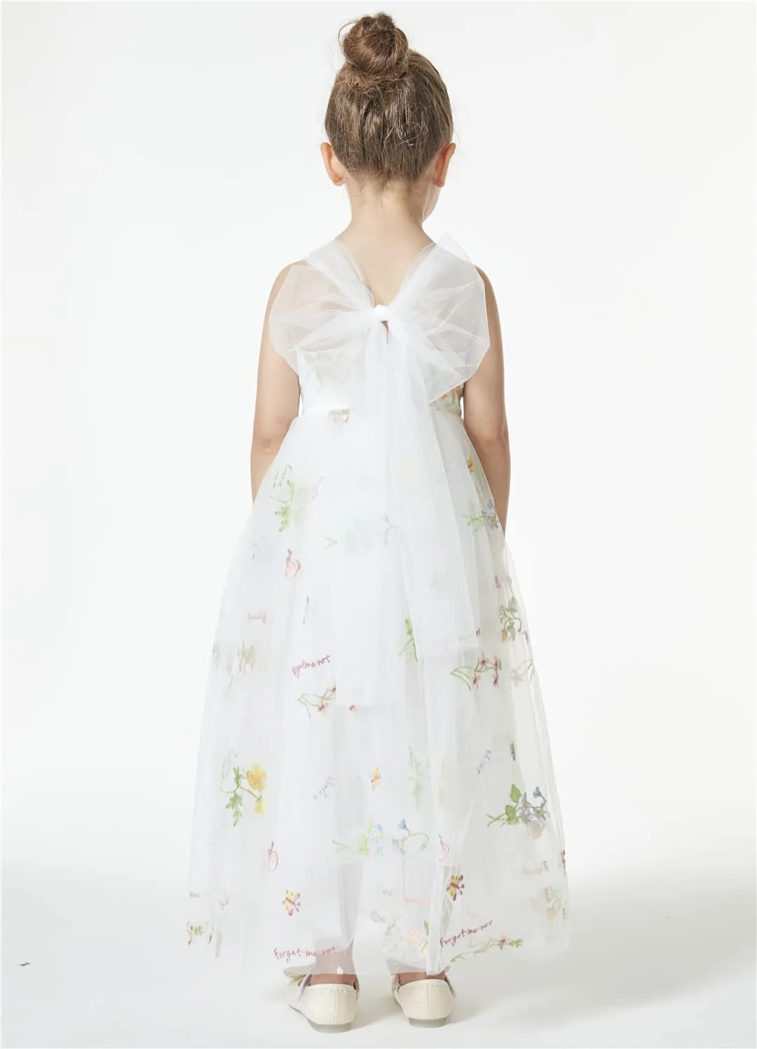 Floral Embroidered Tulle Strap Girl Dress in White