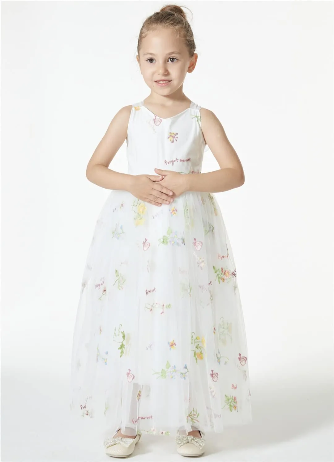 Floral Embroidered Tulle Strap Girl Dress in White