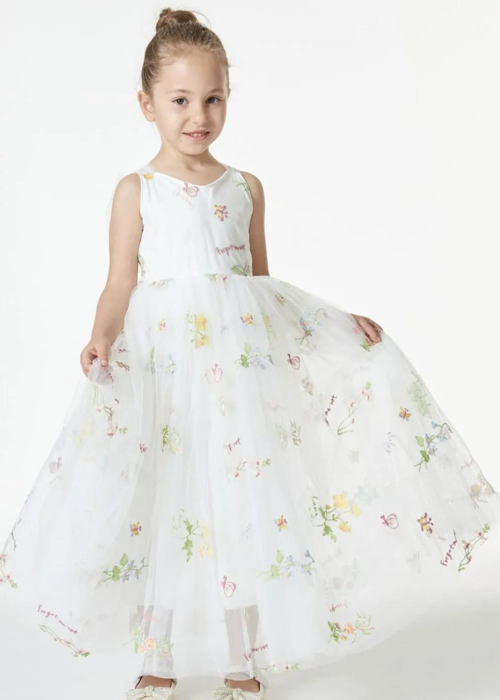 Floral Embroidered Tulle Strap Girl Dress in White
