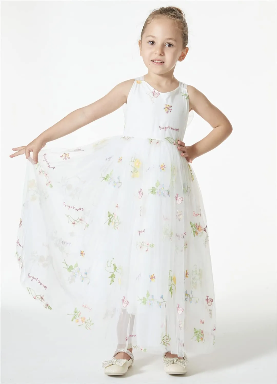 Floral Embroidered Tulle Strap Girl Dress in White
