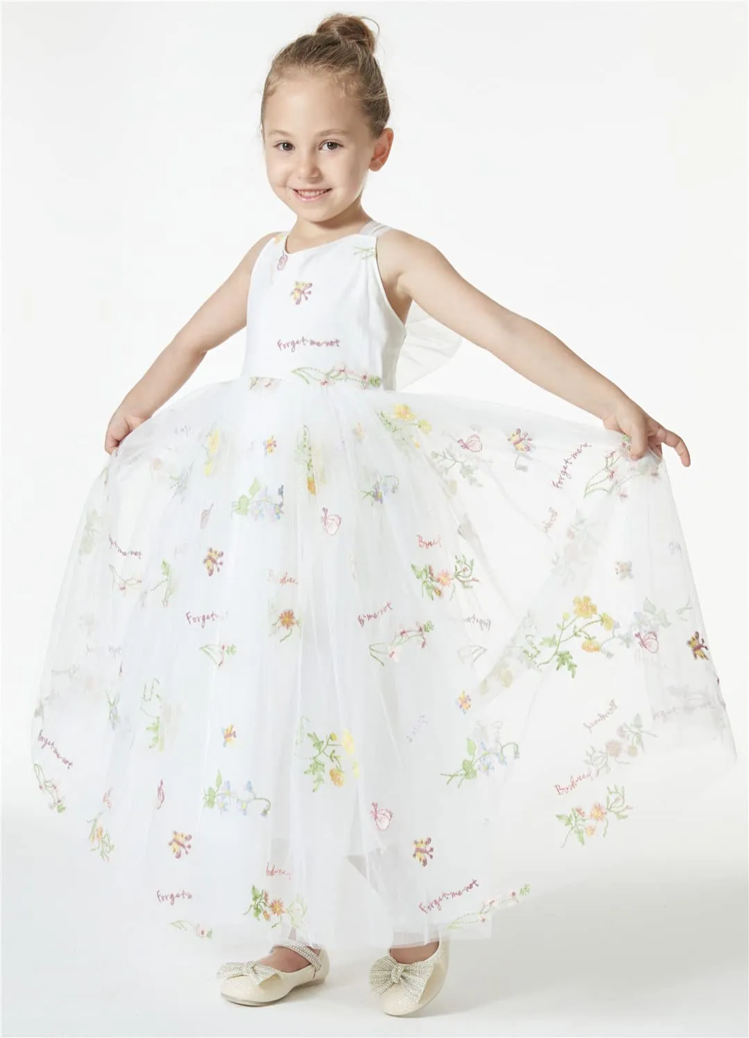 Floral Embroidered Tulle Strap Girl Dress in White