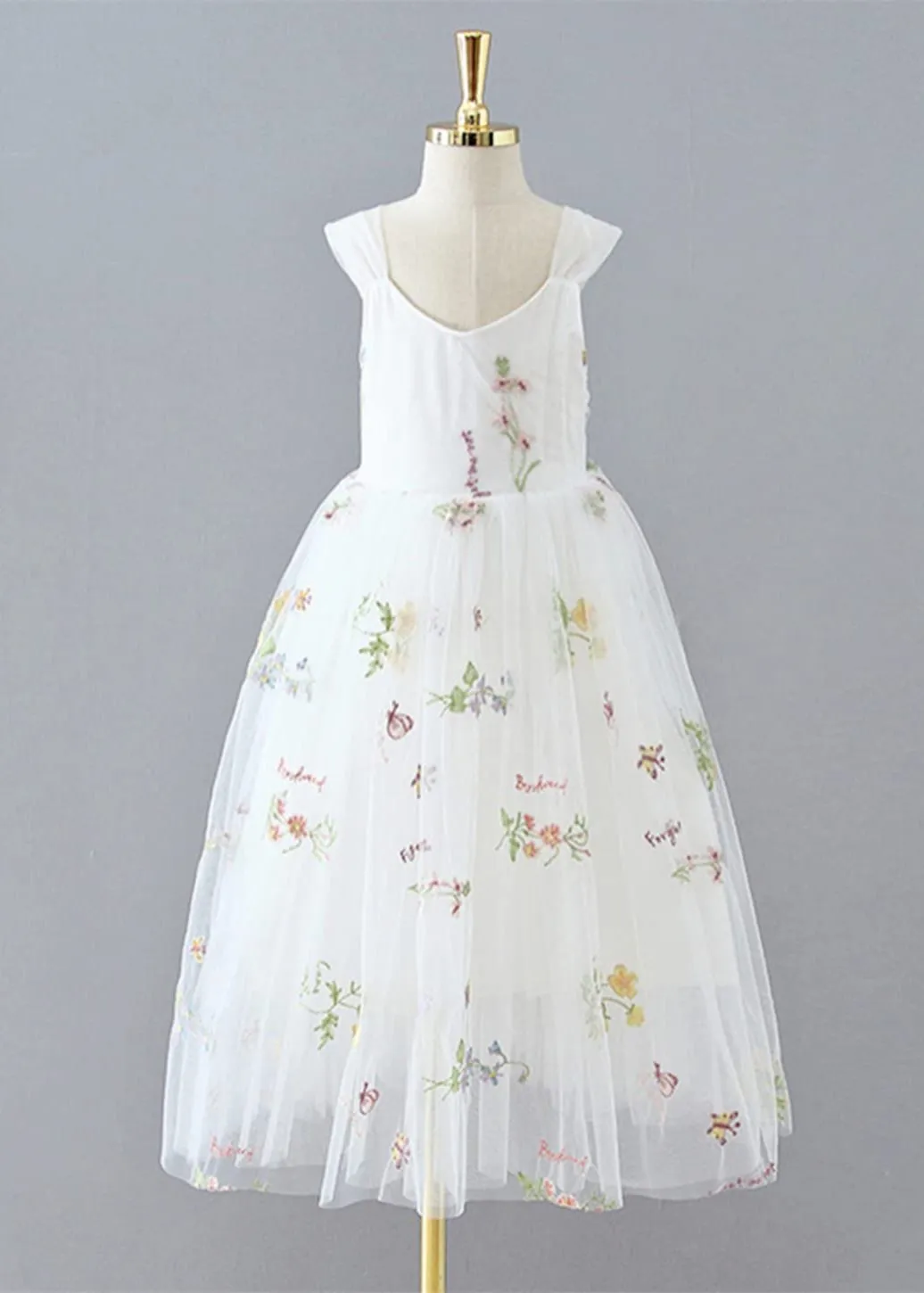 Floral Embroidered Tulle Strap Girl Dress in White