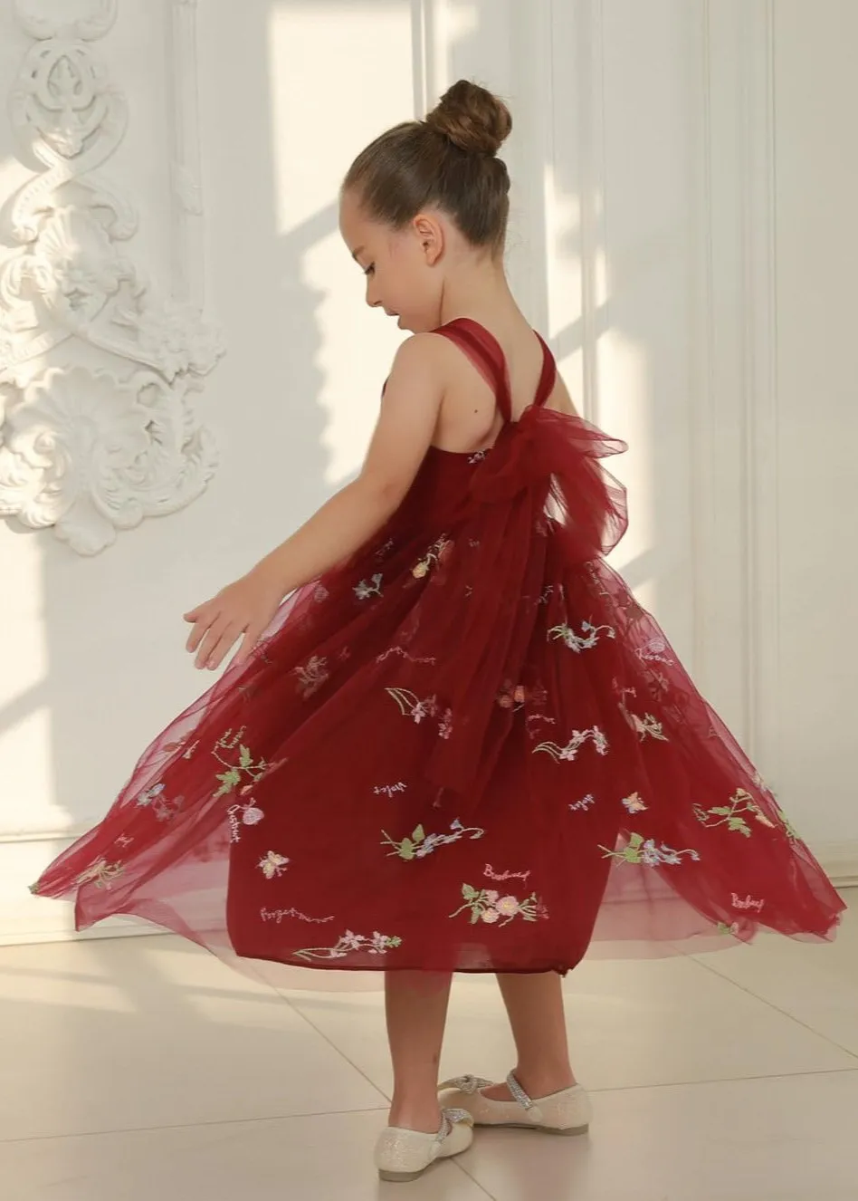 Floral Embroidered Tulle Strap Girl Dress in Wine