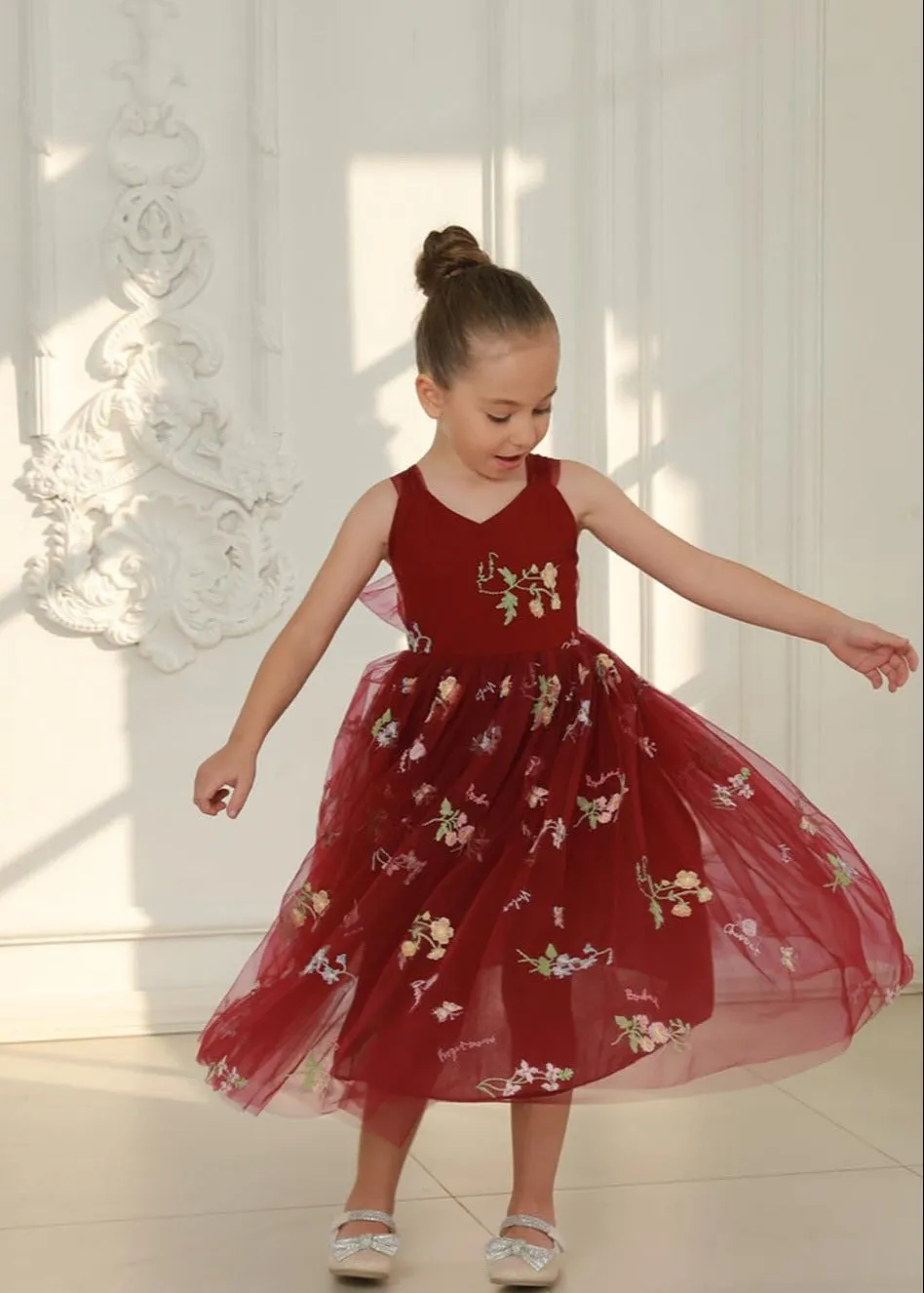 Floral Embroidered Tulle Strap Girl Dress in Wine