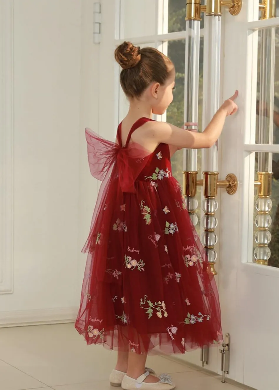 Floral Embroidered Tulle Strap Girl Dress in Wine
