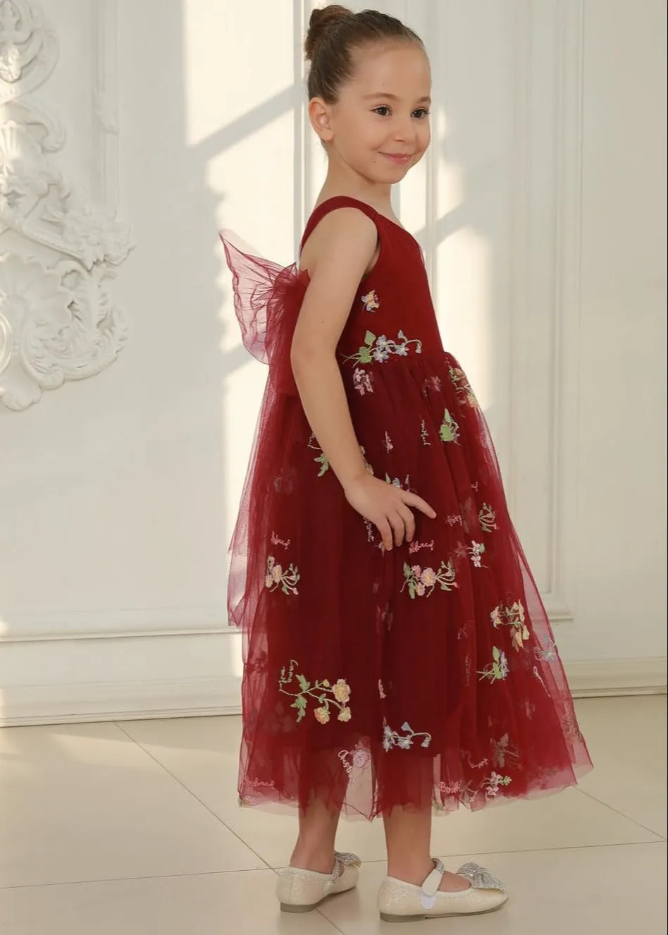 Floral Embroidered Tulle Strap Girl Dress in Wine