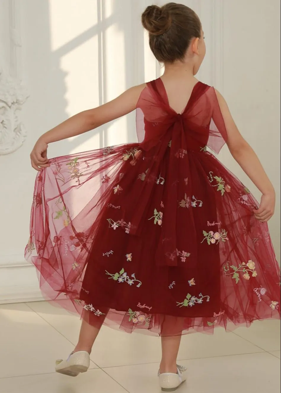 Floral Embroidered Tulle Strap Girl Dress in Wine
