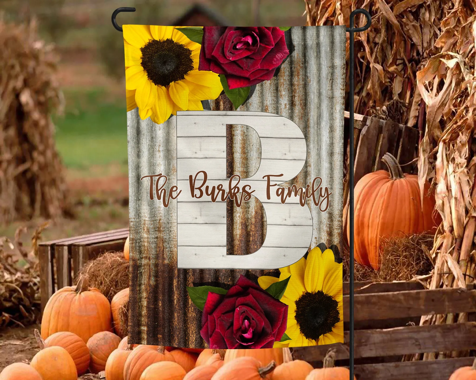 Galvanized Metal and Sunflowers Personalized Garden Flag