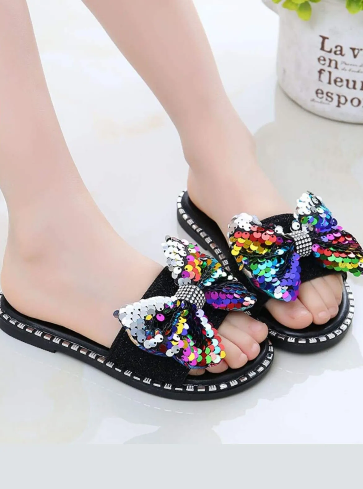 Girls Sequined Bow Flip Flops By Liv and Mia
