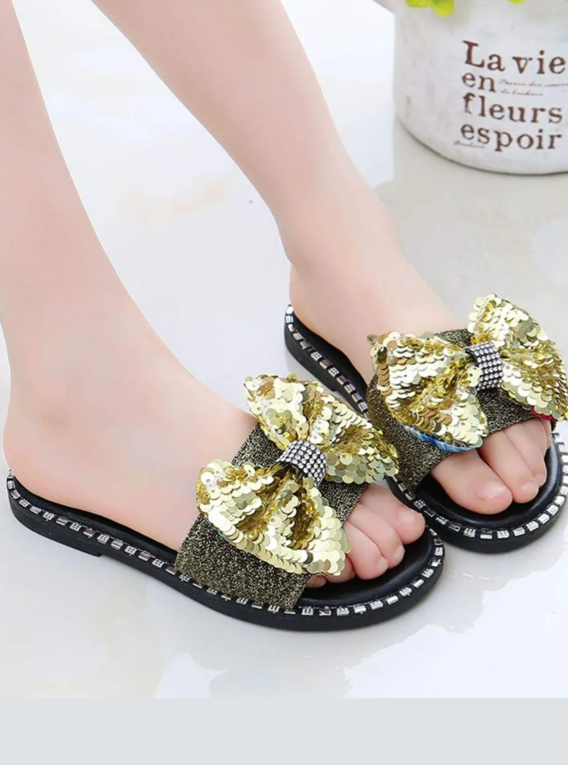 Girls Sequined Bow Flip Flops By Liv and Mia