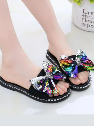 Girls Sequined Bow Flip Flops By Liv and Mia