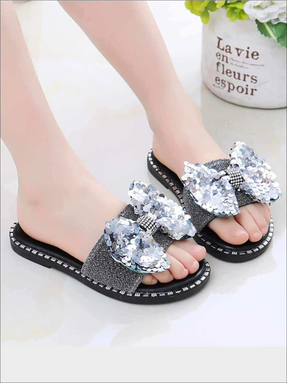 Girls Sequined Bow Flip Flops By Liv and Mia