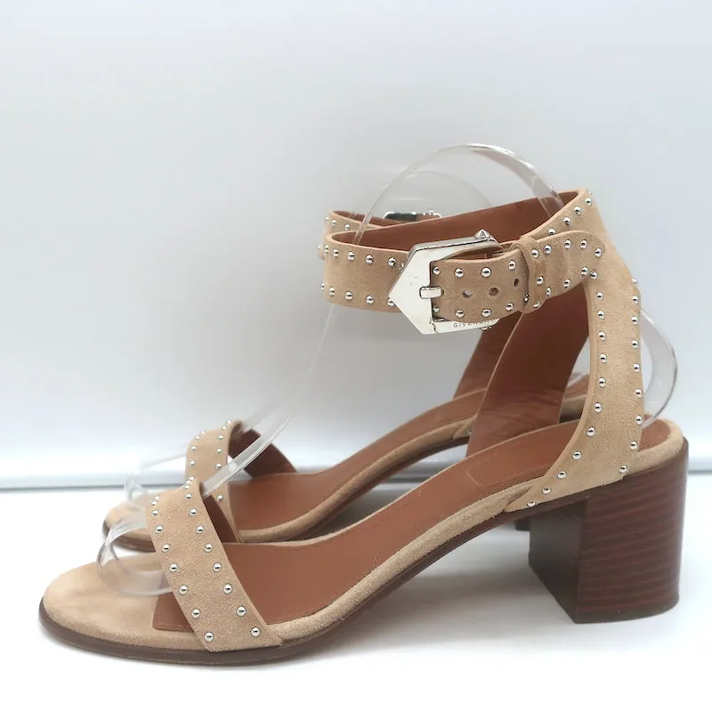 Givenchy Studded Ankle Strap Sandals Beige Suede Size 38.5 Open Toe Heels