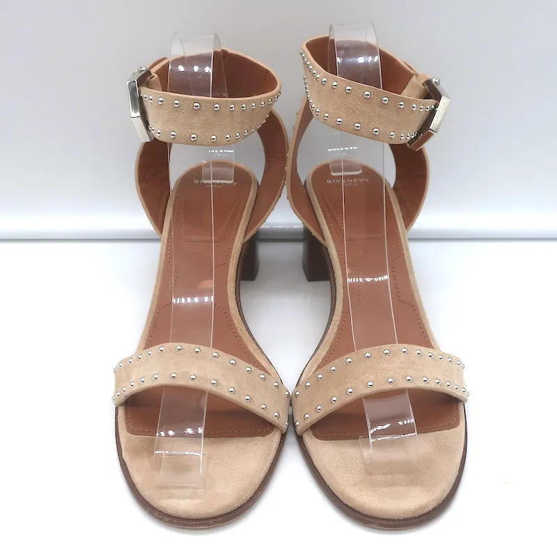 Givenchy Studded Ankle Strap Sandals Beige Suede Size 38.5 Open Toe Heels