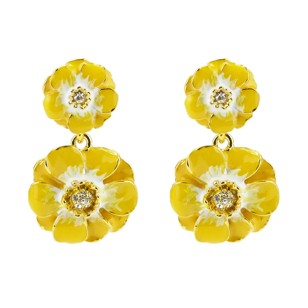 Goldtone Yellow/White Les Roses Double Drop Earrings