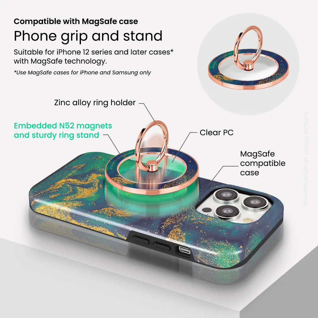 Green Night Quicksand - Rose Gold MagSafe Phone Grip and Ring Holder Stand