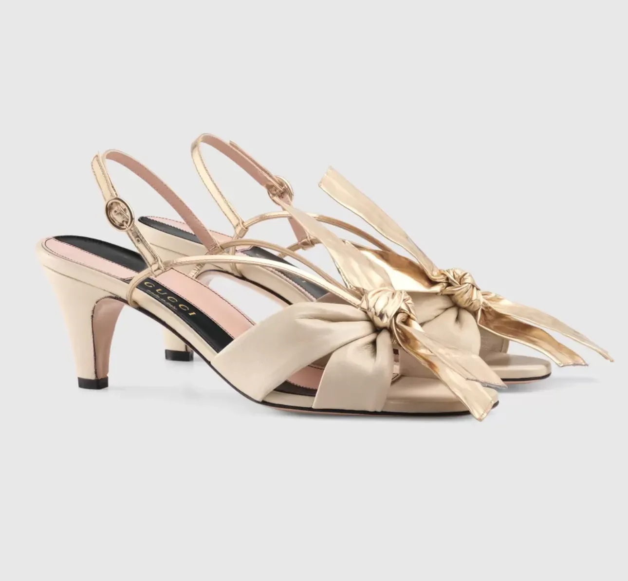 Gucci Leather Mid-heel Sandal With Bow in Vintage White