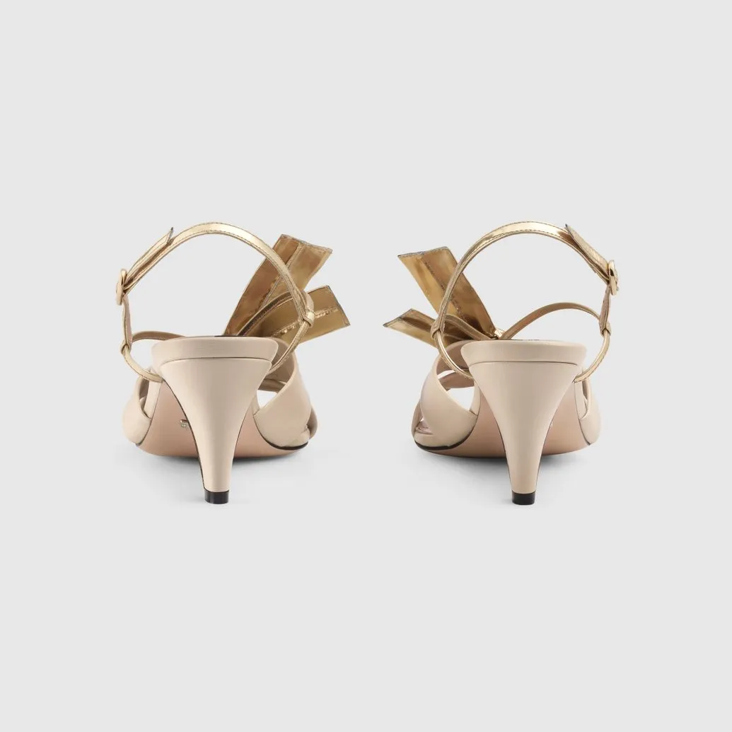 Gucci Leather Mid-heel Sandal With Bow in Vintage White