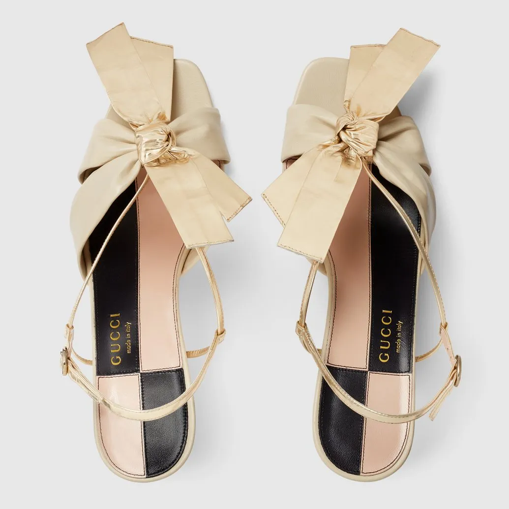 Gucci Leather Mid-heel Sandal With Bow in Vintage White