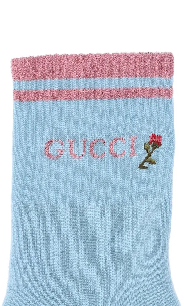 Gucci Rose-embroidered Cotton Ankle Socks in Blue