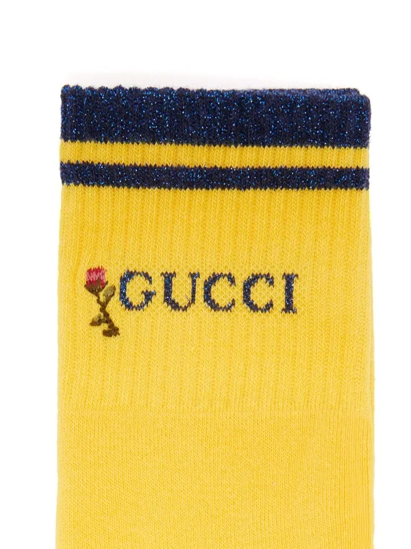 Gucci Rose-embroidered Cotton Ankle Socks in Yellow