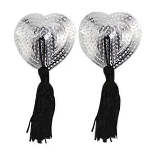 Heart Shaped Silver Sequined Nipple Tassels