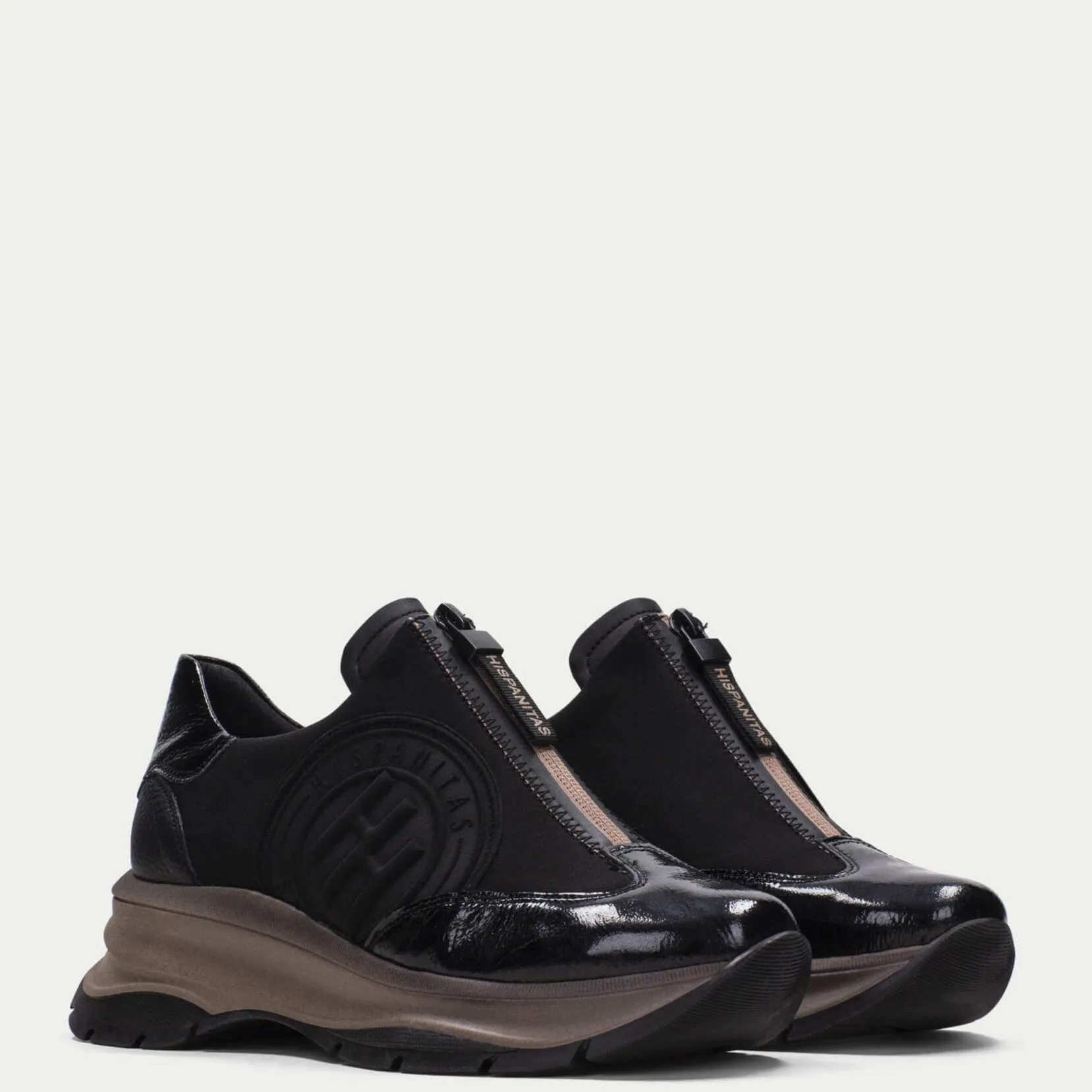 Hispanitas Black Leather Classic Front Zip Sneakers