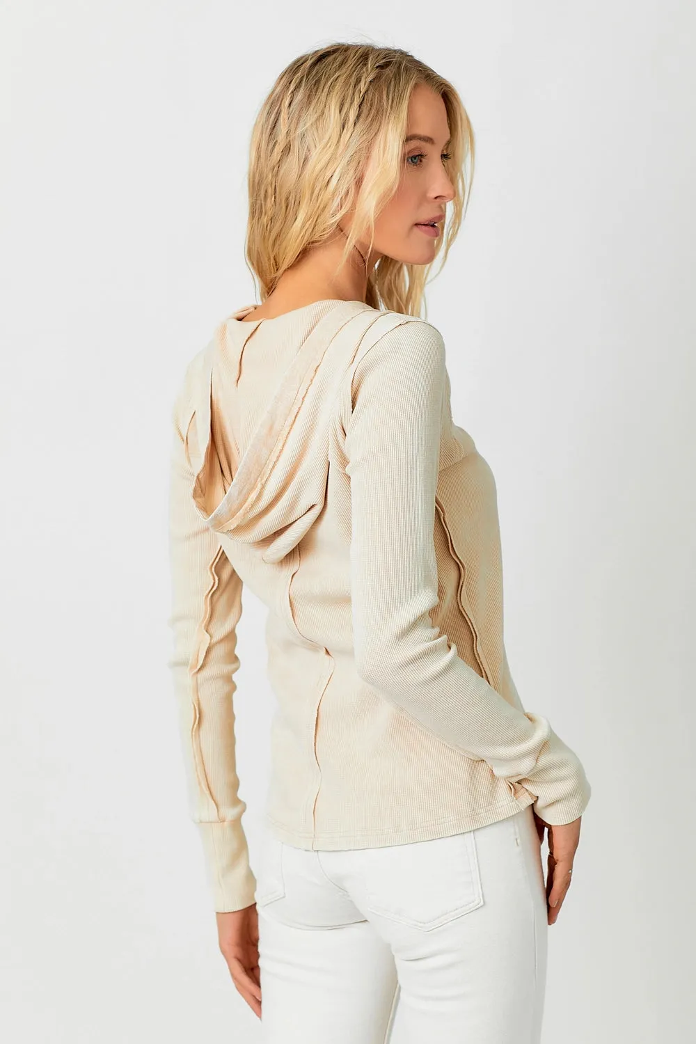 Hooded Thermal Spring Top Raw Hem Long Sleeve Shirt, Washed Sand