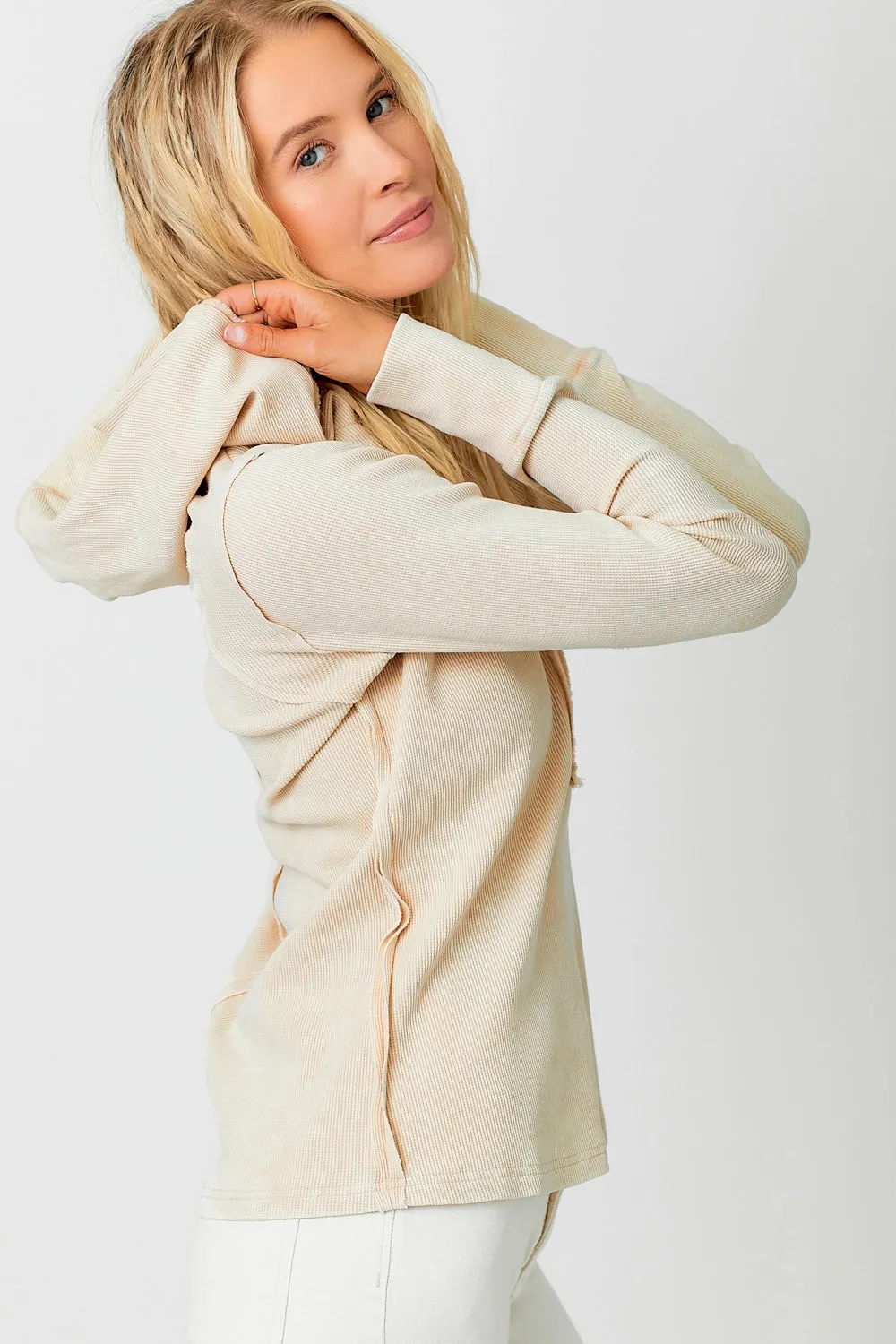 Hooded Thermal Spring Top Raw Hem Long Sleeve Shirt, Washed Sand