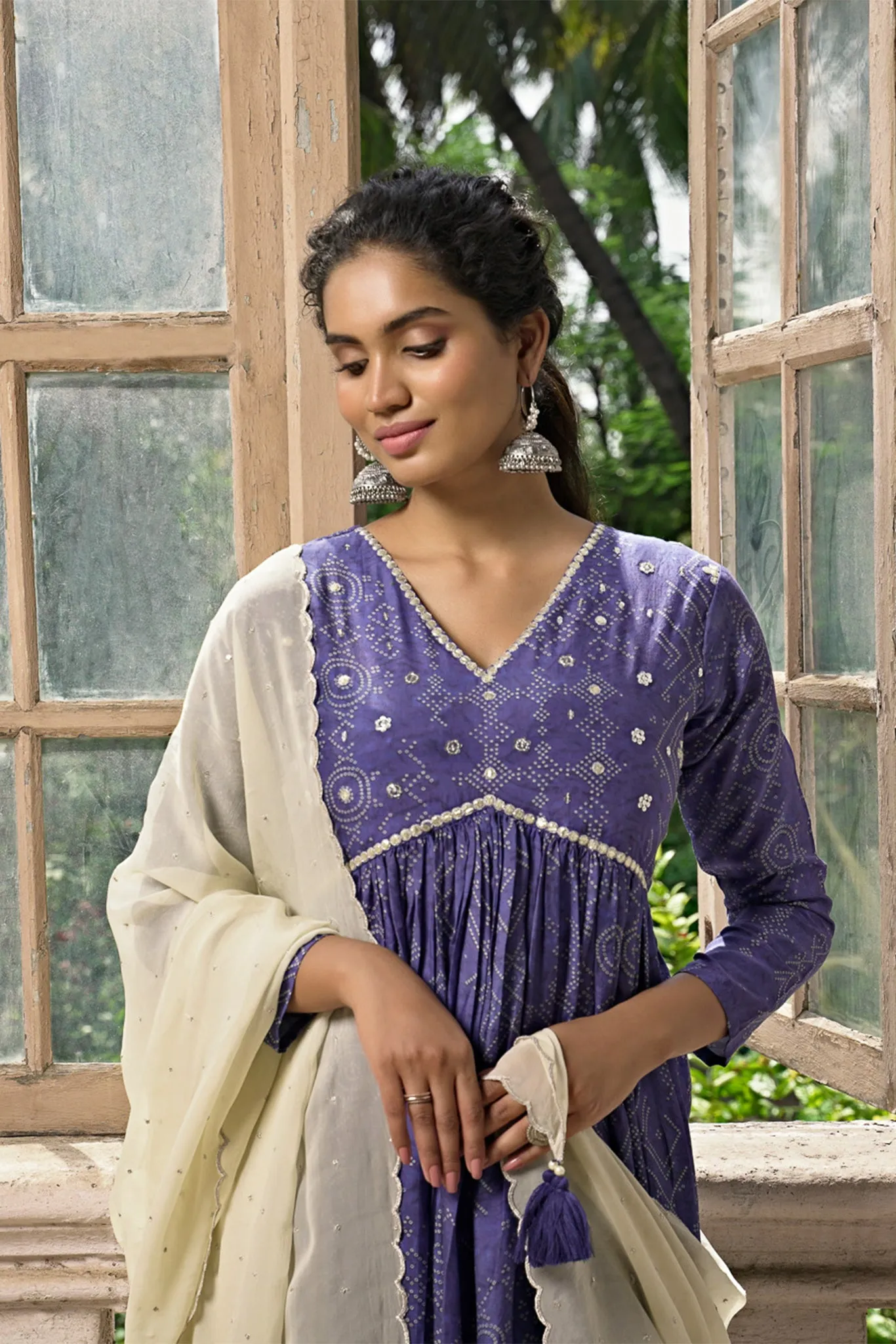 Indigo Blue Bandhni Gown with Organza Dupatta