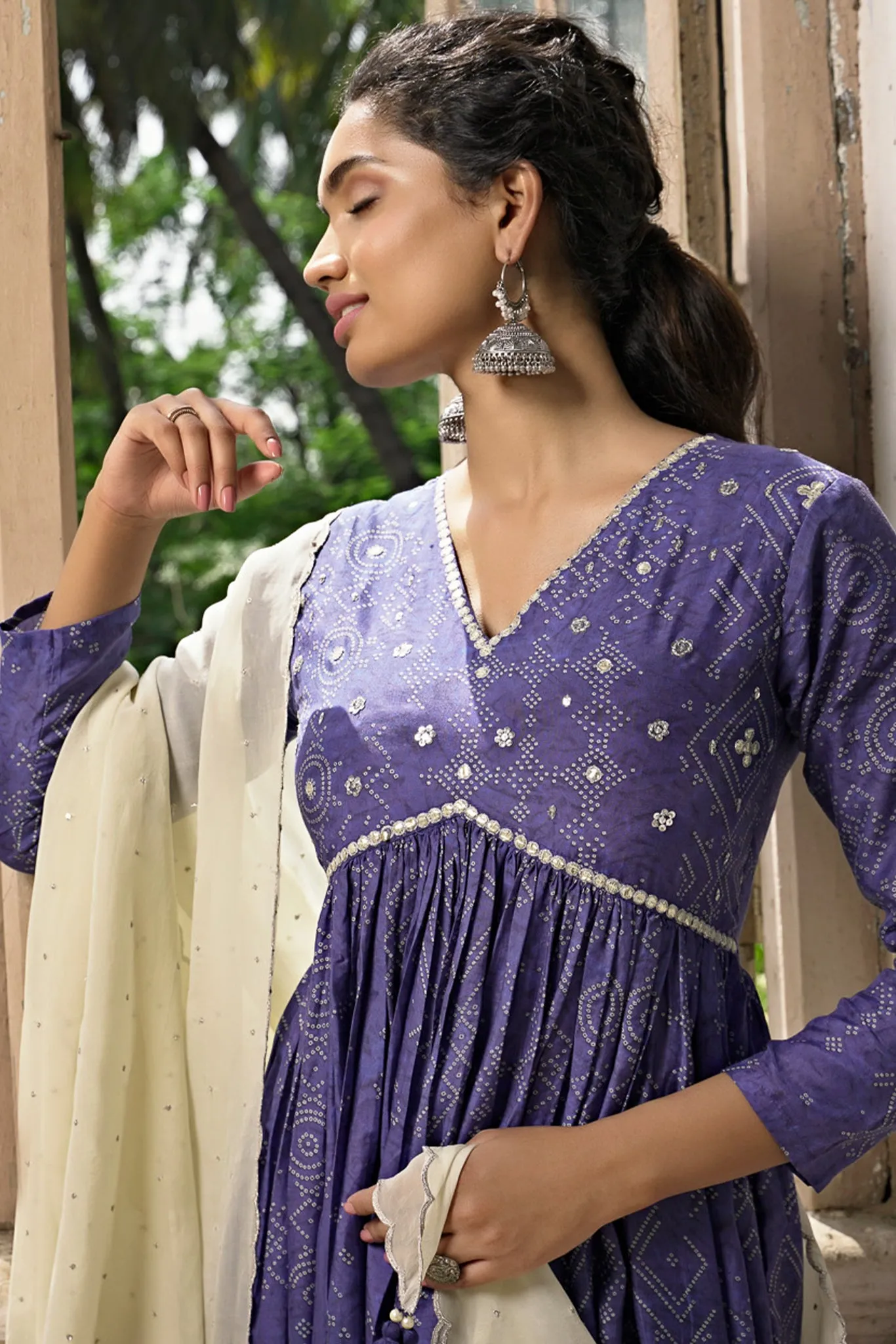Indigo Blue Bandhni Gown with Organza Dupatta