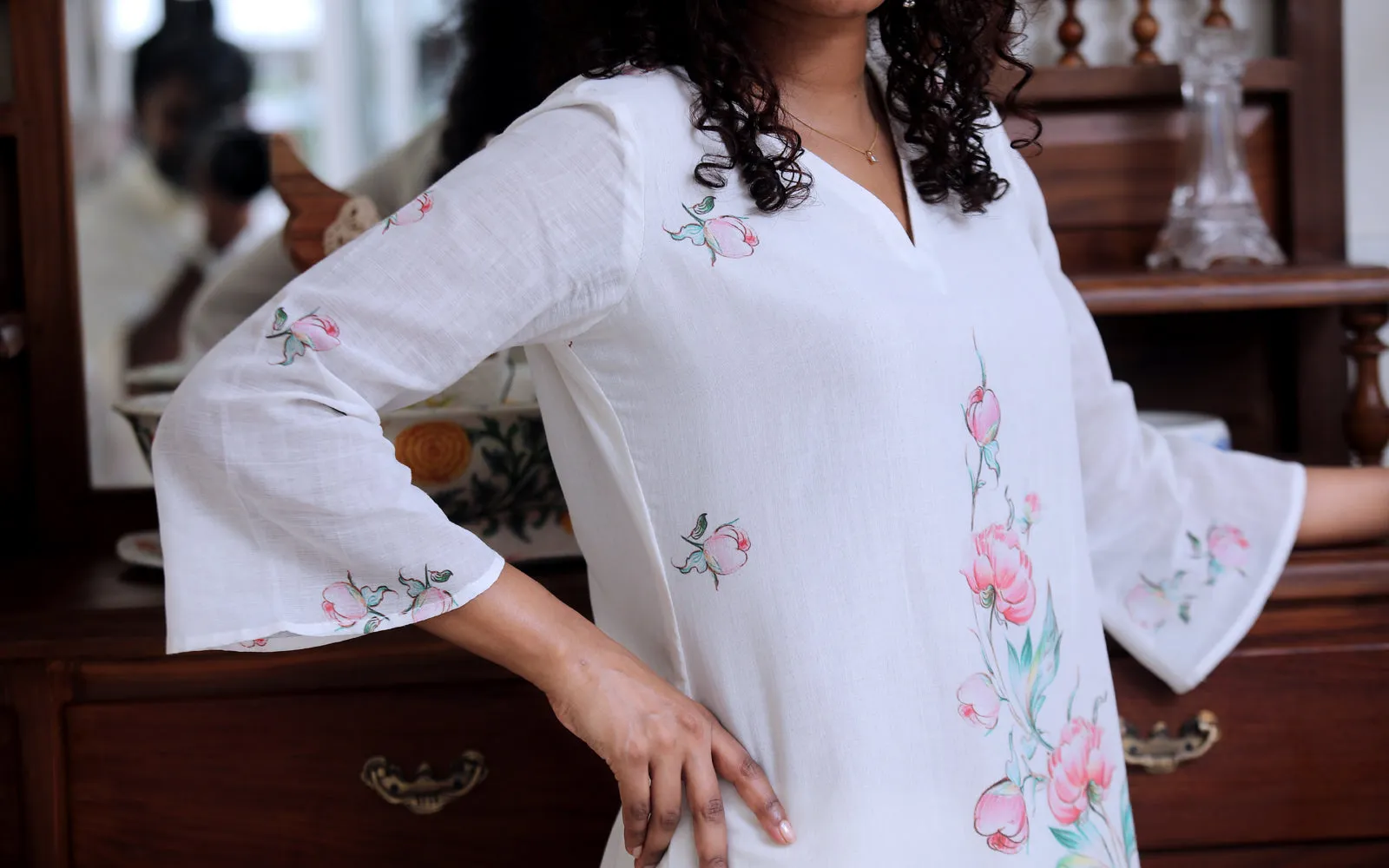 IVORY COTTON PEONY YOKE KURTA