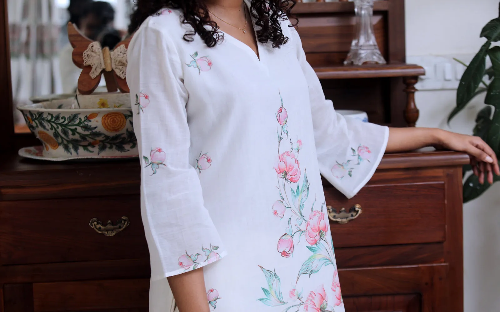IVORY COTTON PEONY YOKE KURTA