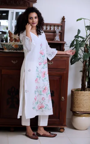 IVORY COTTON PEONY YOKE KURTA