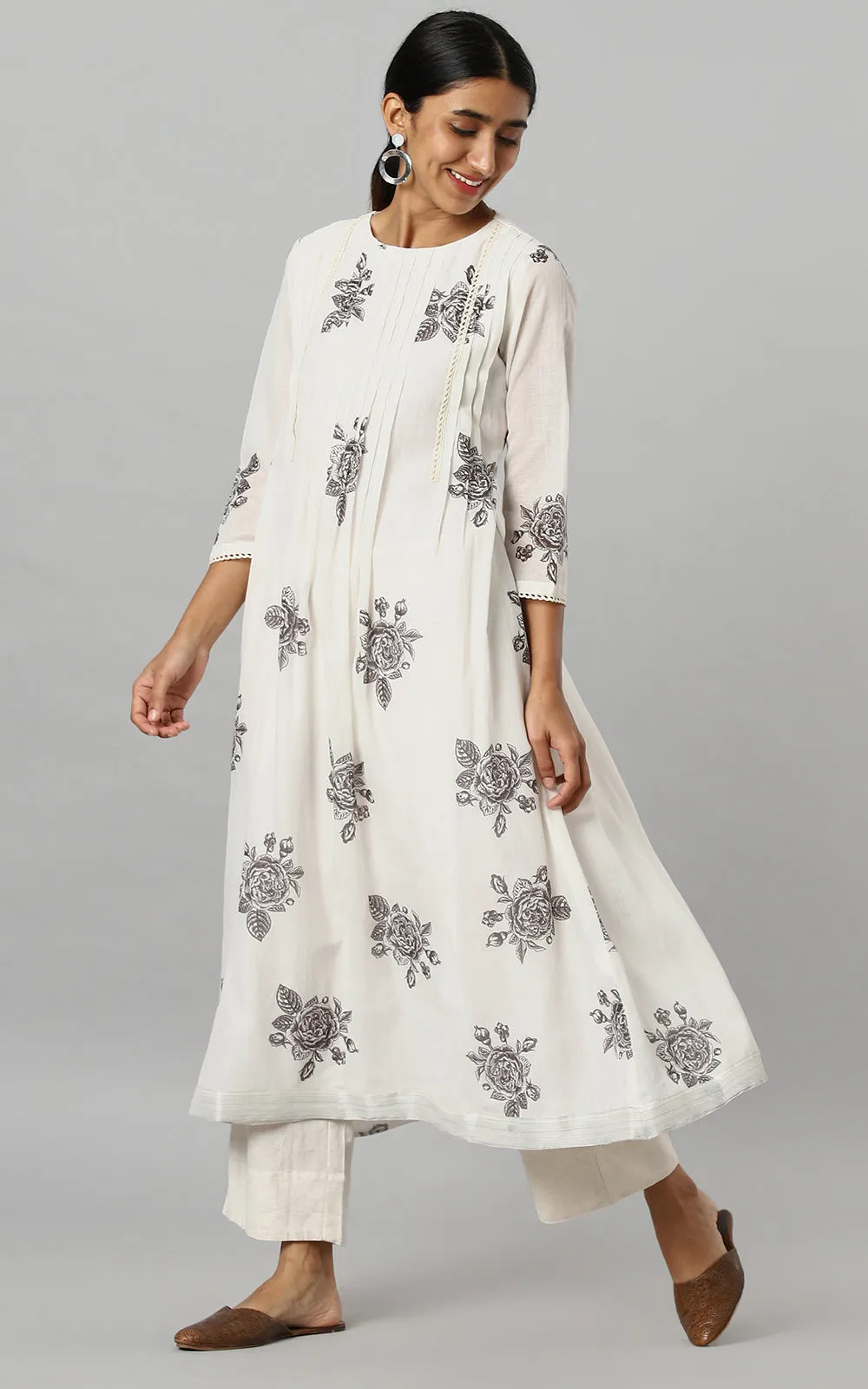 IVORY DESSERT ROSE KURTA DRESS-CHARCOAL