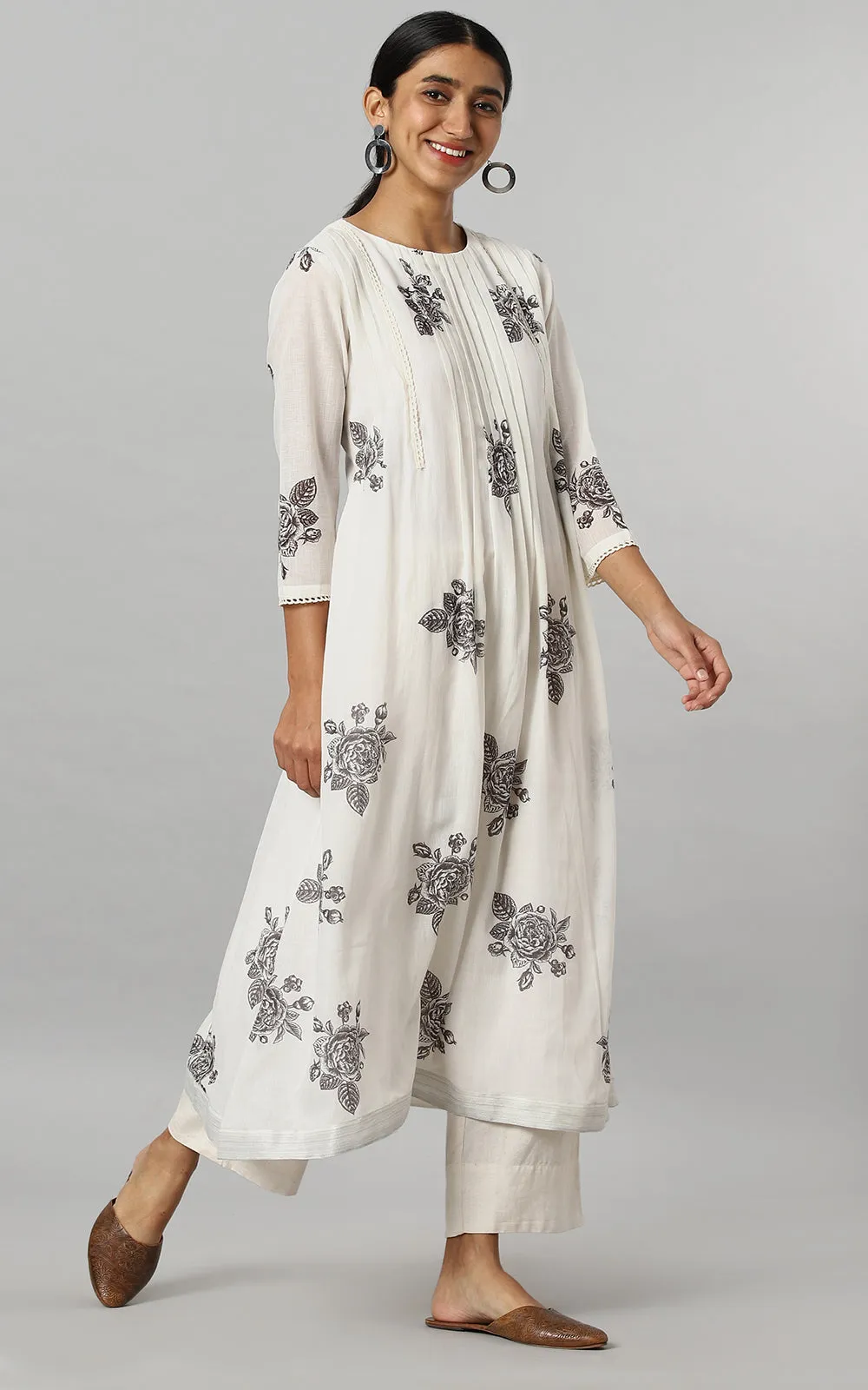 IVORY DESSERT ROSE KURTA DRESS-CHARCOAL