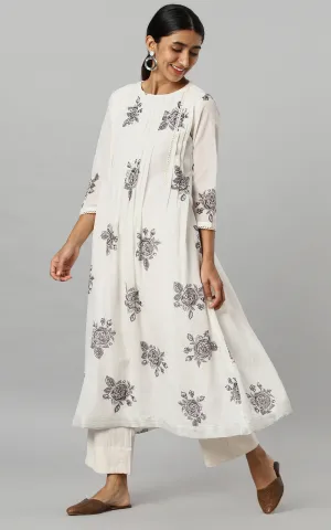 IVORY DESSERT ROSE KURTA DRESS-CHARCOAL