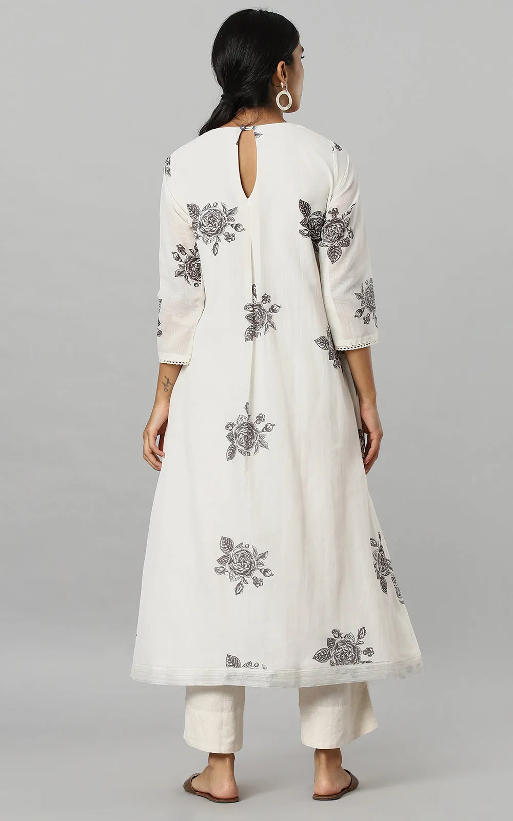IVORY DESSERT ROSE KURTA DRESS-CHARCOAL