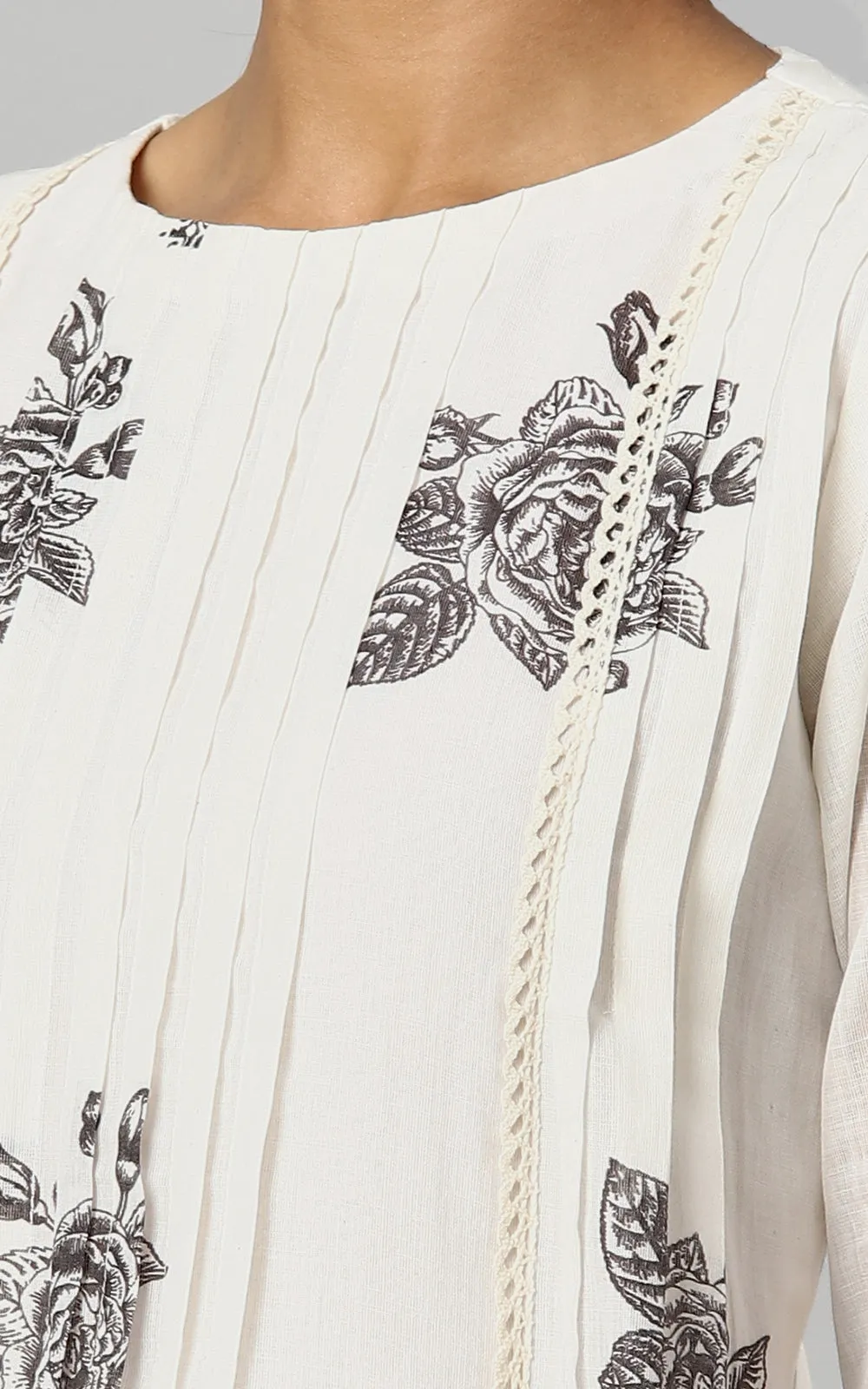 IVORY DESSERT ROSE KURTA DRESS-CHARCOAL