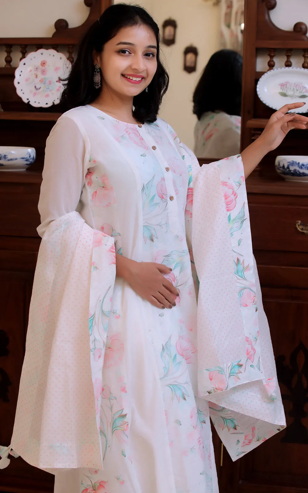 IVORY PEONY COTTON PANELLED KURTA