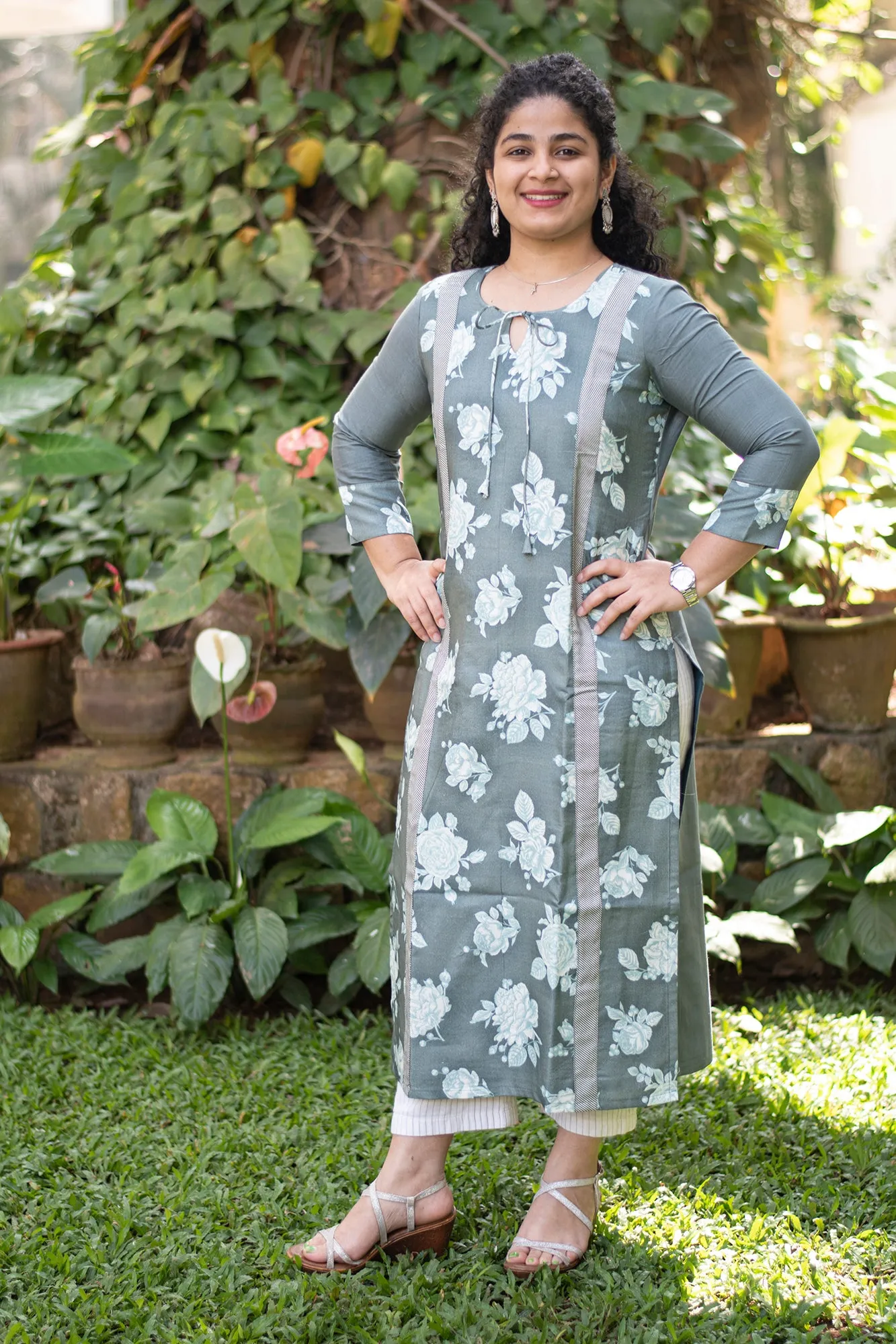 JADE GREEN GREY ROSE FLOWING SILK KURTA